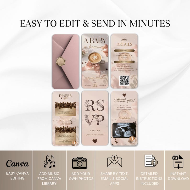 May include: A collection of digital baby shower invitation templates in shades of pink and gold. The designs include a sealed envelope, a coffee cup, and ultrasound images. Text includes "A Baby is Brewing" and "Thank You!"