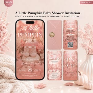 May include: A digital baby shower invitation template set featuring a soft pink pumpkin theme. The design includes a smartphone display, a matching envelope with a wax seal, and informational cards with text details, a QR code, and RSVP sections.