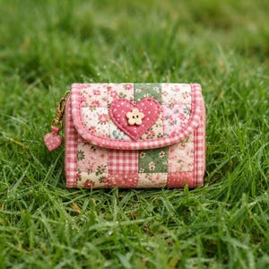 Può includere: Un portafoglio in tessuto trapuntato con un design patchwork di motivi floreali e a quadretti vichy nei toni del rosa, verde e bianco. La patta è fissata con una toppa a forma di cuore e un bottone a fiore, con un ciondolo a cuore sulla zip.