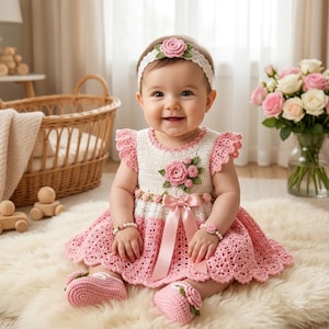 Conjunto de patrones de ganchillo para vestido de bebé / zapatos, diadema, pulsera (descarga en PDF fácil de descargar)
