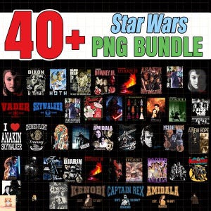 May include: A digital bundle of 40+ Star Wars PNG images. The images include movie posters, character portraits, and text overlays. The color scheme is primarily black, red, and blue. The text includes "Star Wars", "PNG Bundle", and character names.