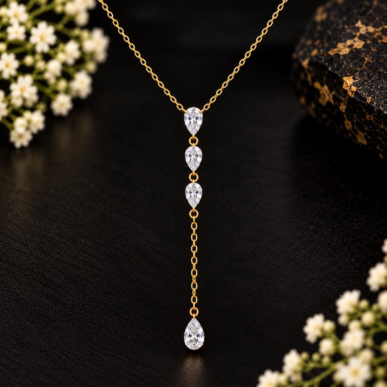 0.80Cts Diamond Lariat Necklace, Three Stone Y Drop Pendant, Dainty Teardrop Diamond Chain, Minimalist Fine Jewelry