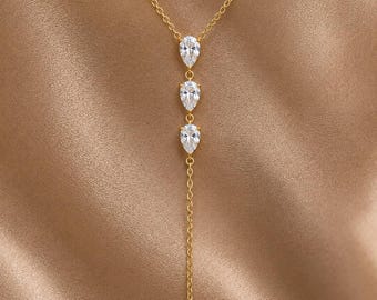 14K massief gouden diamanten lariatketting met 4 peren, minimalistische Y-druppelketting, druppelvormige sierlijke diamanten sieraden, cadeau voor haar, bungelend karaat