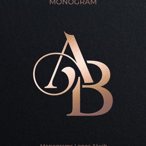 May include: A rose gold monogram design featuring the letters "AB" intertwined within a circle and a larger "B". The word "MONOGRAM" is at the top, with "AB" and "BA" on the sides. The text "Monograms Logos Alwih" is at the bottom.