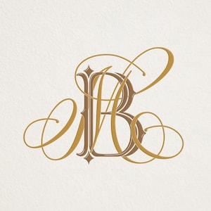 Op de afbeelding: Een digitale afbeelding met een in elkaar verstrengeld goud en bruin monogram van de letters B en M. De tekst MONOGRAM, Instant download, BM, MB en Monograms Logos Alwih staat in een schreefloos lettertype op een lichtbeige achtergrond.