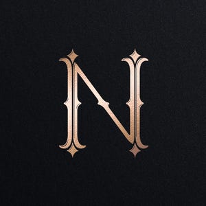 Könnte beinhalten: Ein roségoldenes, metallisches Buchstaben-N-Monogramm, zentriert auf einem dunkel-schwarzen, texturierten Hintergrund. Der Text PERSONAL MONOGRAM erscheint oben in Roségold, und der Text Monograms Logos Alwih erscheint unten in Roségold.