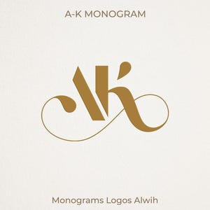 May include: A gold-colored monogram design featuring the letters "A" and "K" intertwined with elegant curves. The text "A-K MONOGRAM" is above the monogram, and "Monograms Logos Alwih" is below. The background is a textured, off-white color.
