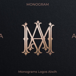May include: A gold-colored monogram design featuring the letters "MA" and "AM" in an ornate, stylized font. The design is set against a dark, textured background with the word "MONOGRAM" at the top and "Monograms Logos Alwih" at the bottom.
