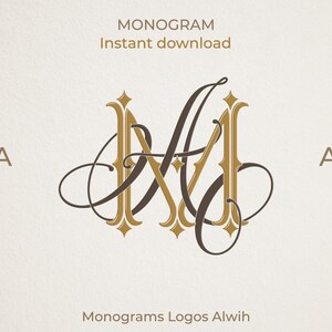 May include: A monogram design featuring the letters "MA" and "AM" intertwined in a decorative script. The design is in brown and gold tones, with the words "MONOGRAM" and "Instant download" at the top. The words "Monograms Logos Alwih" are at the bottom.