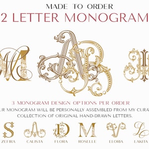 Könnte beinhalten: Eine digitale Anzeige mit dem Text MADE TO ORDER 2 LETTER MONOGRAM und 3 MONOGRAM DESIGN OPTIONS PER ORDER. Sie enthält verschiedene goldfarbene, verzierte, handgezeichnete Buchstabenkombinationen sowie einzelne Buchstaben mit den Bezeichnungen ZEFIRA, CALISTA, FLORA, ROSELLE, ELORIA und LAKITA.
