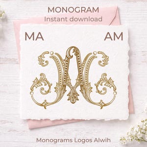 May include: A gold monogram design featuring the letters "MA" and "AM" with ornate, swirling details. The design is on a textured white paper, with the words "MONOGRAM" and "Instant download" at the top. The words "Monograms Logos Alwih" are at the bottom.