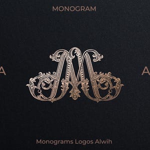 May include: A gold-colored monogram design on a black background. The monogram features the letters "MA" on the left and "AM" on the right, with a large, ornate "M" in the center. The word "MONOGRAM" is at the top, and "Monograms Logos Alwih" is at the bottom.