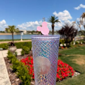 Könnte beinhalten: Ein durchsichtiger, schillernder Becher mit Rautenmuster und einem rosa Mickey Mouse-förmigen Strohhalmaufsatz. Das Starbucks-Logo ist sichtbar. Der Hintergrund zeigt eine sonnige Szene im Freien mit einem See und Palmen.