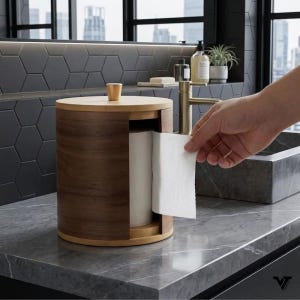 May include: A cylindrical paper towel holder made of dark brown wood with a light wood base and a matching light wood lid featuring a small central knob. The holder has a vertical opening on one side, allowing a white paper towel roll to be accessed.