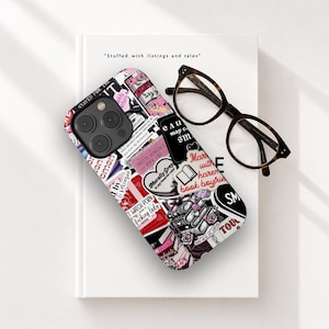 May include: A smartphone case featuring a collage of various stickers with text and book-themed illustrations in shades of pink, black, and white, accompanied by a pair of dark-rimmed spectacles resting on a white surface with the text Stuffed with listings and tales.