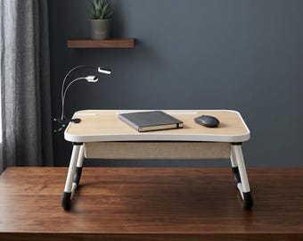 Lap Desk Wood Foldable USB Ports Storage Portable Laptop Table Bed Tray