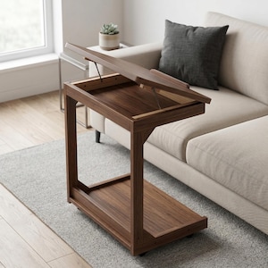 May include: A dark brown wooden side table with a lift-top surface. The table has a rectangular shape with a lower shelf and is positioned on a gray rug near a sofa. The lift-top reveals a storage compartment.