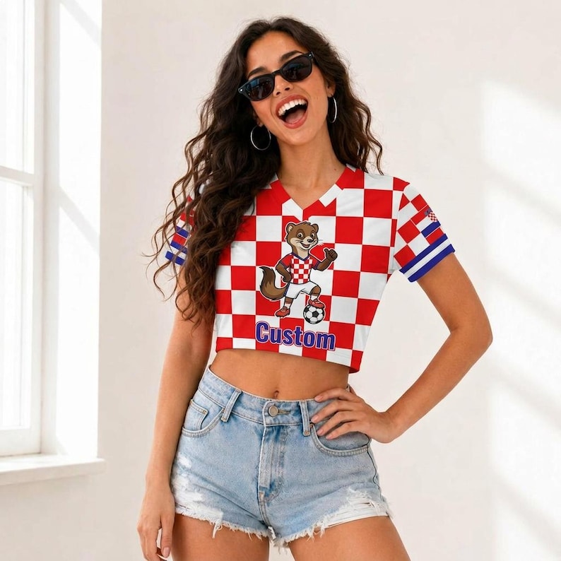 May include: A short-sleeved V-neck crop top featuring a red and white checkered pattern. The front displays a cartoon animal wearing a matching checkered jersey and shorts, standing over a soccer ball with the word Custom printed in blue below.