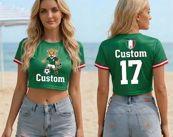 Custom Mexico Soccer Crop Top, Personalized Jaguar Mascot Fan Shirt, Green Sports Tee