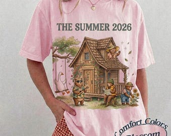 Sommer Cabin Graphic Top, Wunderliches Bär Camping Tshirt, Cottagecore Comfort Farben