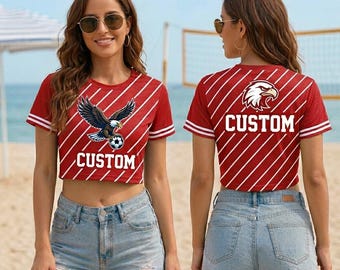 Kundenspezifisches Fußball-Crop Top, personalisiertes Adler-Fan-Shirt, rot gestreiftes Sport-T-Shirt