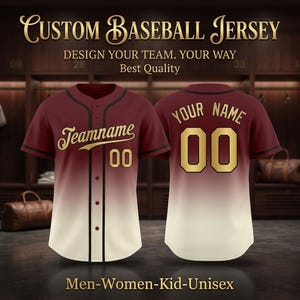 May include: Burgundy and cream baseball jersey with the text "Teamname" and the number "00" on the front. The back of the jersey displays "YOUR NAME" and the number "00". The jersey has a button-up front and short sleeves. The text "Custom Baseball Jersey" is at the top.