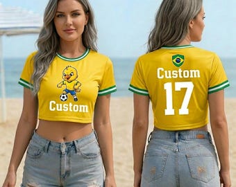 Custom Brazil Soccer Crop Top, Cute Canarinho Mascot Football Jersey, Personalized Selecao Fan Shirt, Yellow Green Women Ringer Tee