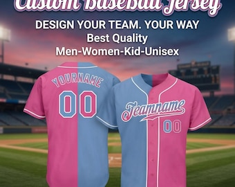 Benutzerdefinierte Split Baseball Jersey, Pink Blau Gender Reveal Party Shirt