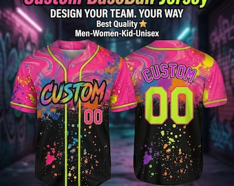 Custom Paint Splatter Baseball Jersey, Neon Pink Graffiti Uniform, 80er 90er Rave Outfit