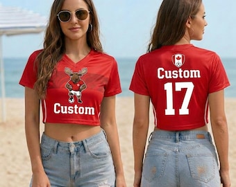 Kundenspezifisches Kanada-Fußball-Crop-Top, personalisiertes Elch-Maskottchen-Fan-Shirt, rotes Ahornblatt-T-Shirt