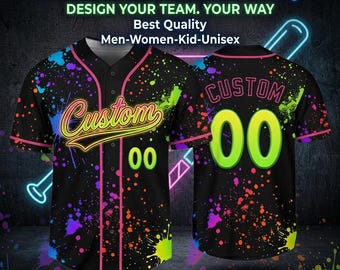 Personalisiertes schwarzes Baseballtrikot, Neonfarbenspritzen-Graffiti, benutzerdefinierte Namensnummer Sportkleidung