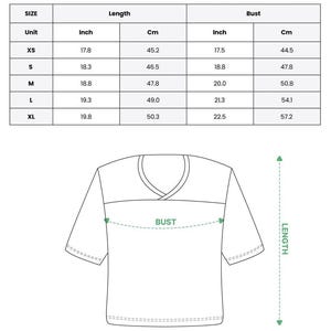 May include: A size chart for an all-over print crop top football jersey. The chart lists sizes XS through XL with corresponding length and bust measurements in inches and centimeters. A line drawing of a jersey shows the bust and length measurement points.