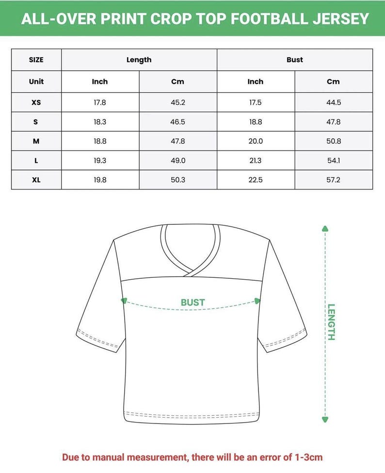 May include: A size chart for an all-over print crop top football jersey. The chart lists sizes XS through XL with corresponding length and bust measurements in inches and centimeters. A line drawing of a jersey shows the bust and length measurement points.