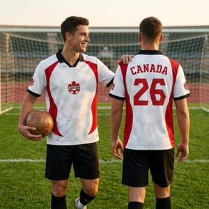 Pode incluir: Uma camisola de futebol branca com painéis laterais vermelhos, gola preta e um padrão subtil de folhas de ácer e alces. A frente apresenta o logótipo Canada, enquanto as costas exibem o texto CANADA e o número 26 a vermelho, com calções pretos.