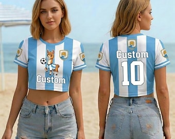 Personalisierte Argentinien-Fußball-Hemd für Frauen, benutzerdefinierter Name Nummer 10 Jersey, niedlicher Alpaka-Fußballfan-Ausrüstung, Crop Top Sport-Trikot