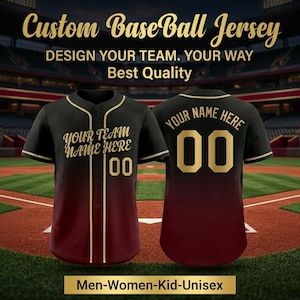 May include: Black and burgundy baseball jersey with gold lettering and numbers. The jersey features the text "YOUR TEAM NAME HERE" and the number "00" on the front, and "YOUR NAME HERE" and "00" on the back. The jersey is displayed in front of a baseball field.