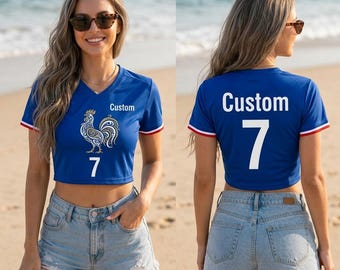 Benutzerdefiniertes Frankreich-Fußball-Crop-Top, personalisiertes französisches Fußballtrikot, gallisches Hahn-Fanshirt
