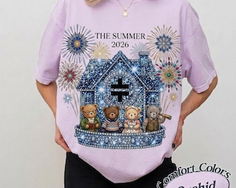 Sommer 2026 Konzert T-Shirt - Funkelndes Diamant Haus - Süße Bären nehmen das Feuerwerk Top - Komfortfarben Fan Outfit - Retro Pop Band Bekleidung