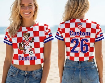 Kundenspezifisches Fußball Kroatien Crop Top, rot weiß kariertes Fußballtrikot, Pine Marten Maskottchen Fan Shirt, Vatreni Frauen T-Shirt, WM 2026
