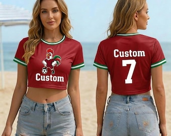 Personalized Portugal Football Shirt for Women, Custom Name Number 7 Jersey, Cute Rooster Soccer Fan Gear, Crop Top Game Day Outfit