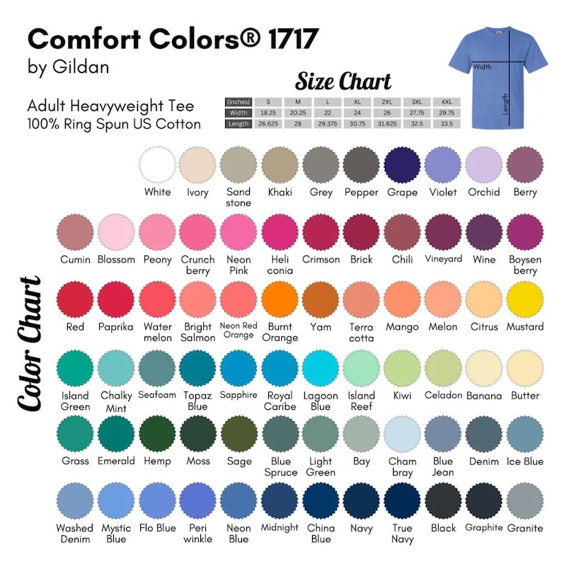 May include: A color chart for Comfort Colors 1717 by Gildan adult heavyweight tees. The chart displays a wide range of colors, including white, ivory, and various shades of pink, blue, green, and neutral tones. The size chart is also included.