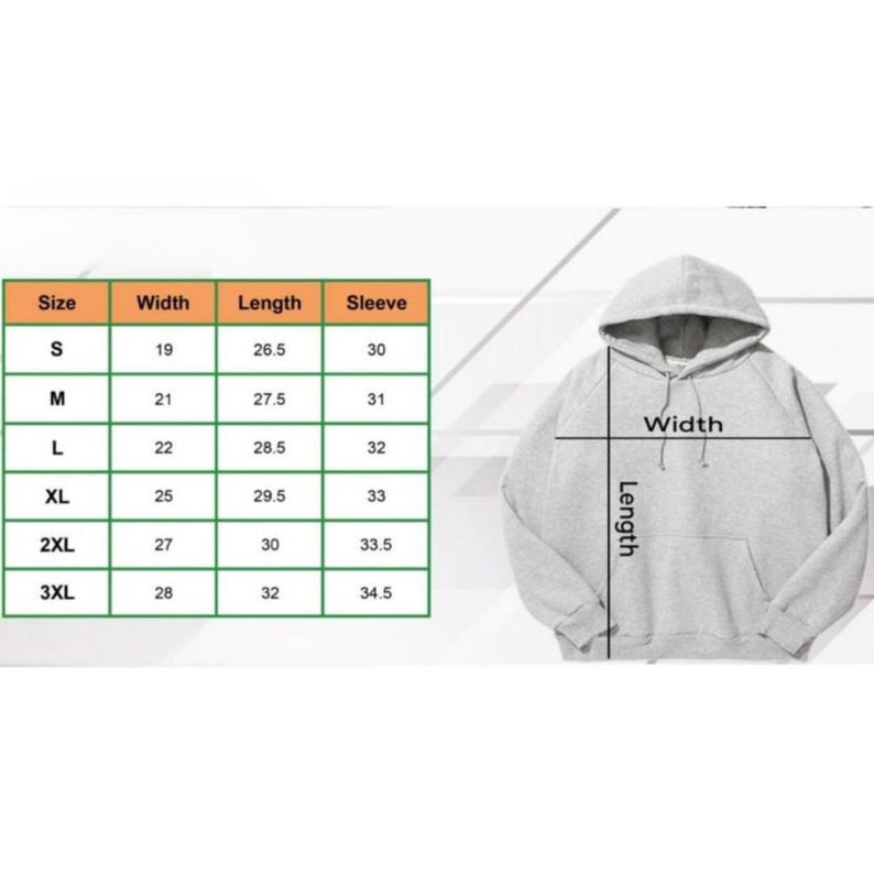 May include: A light grey hooded sweatshirt with a front pocket. The image includes a size chart with measurements in inches for width, length, and sleeve length, ranging from size S to 3XL.