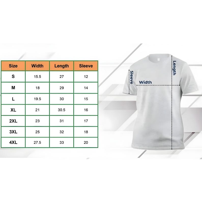 May include: A white t-shirt with a size chart showing measurements in inches for width, length, and sleeve length. Sizes range from S to 4XL. The shirt's dimensions are illustrated with dotted lines.