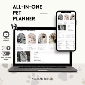 May include: A laptop and smartphone showcase a pet planner interface. The laptop screen displays a pet tracker with sections for health, budget, and meals. The smartphone mirrors the planner. Text includes "ALL-IN-ONE PET PLANNER" and "PET TRACKER & PLANNER".