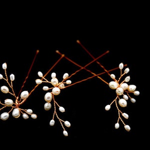 Set of 3 Freshwater Pearl Flower Hair Pins - Permanent Rose Gold plated wire