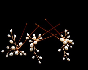 Set of 3 Freshwater Pearl Flower Hair Pins - Permanent Rose Gold plated wire