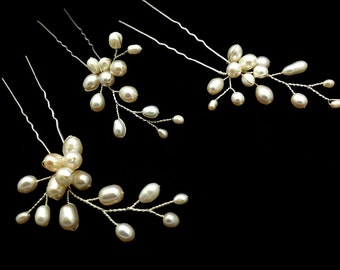 Set of 3 Freshwater Pearl Flower Hair Pins - Permanent silver plated wire