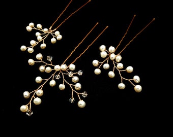 Set of 3 Freshwater Pearl Flower Hair Pins - Permanent Gold plated wire