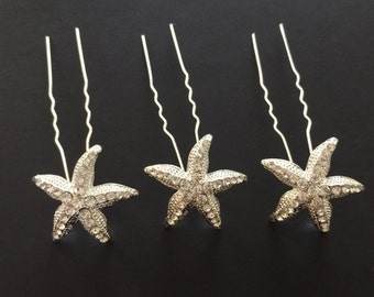 starfish - Set of 3 clear Crystal starfish bridal Hair Pins, wedding pins