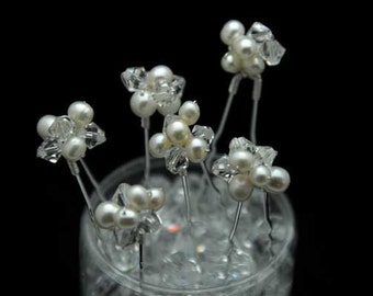 Set of 6 Freshwater Pearl  & Swarovski Crystal  cluster Hair Pins